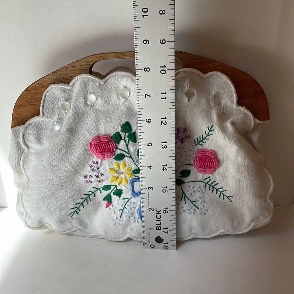 Vintage purse handbag wooden handle floral embroidered removable cover b… - Picture 4 of 6